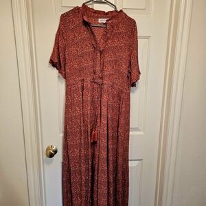 Brass & Roe Nordstrom Rust Floral Midi Dress Tassel Tie Pleated Medium Like New